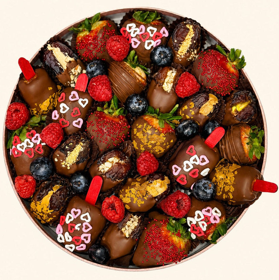 Assorted chocolate truffles with berries and nuts in a decorative box, branded 'AMRA'.